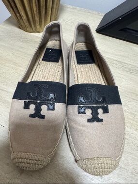 Tory Burch Beige Canvas Espadrilles with Black Logo Strap
